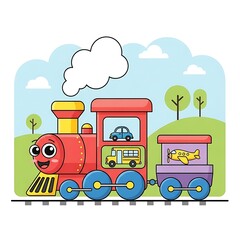 Naklejka premium Colorful cartoon train with smiling face.