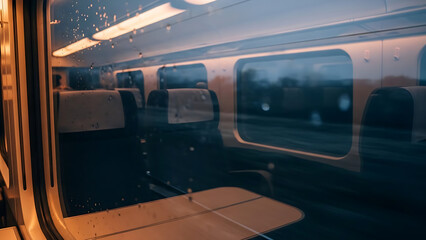 Empty train carriage interior with reflections on window glass