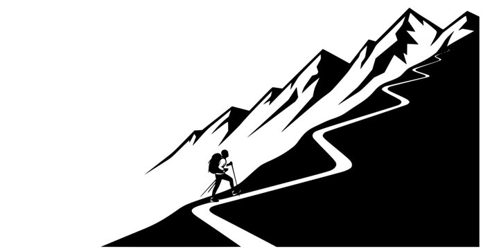 Hiker Climbing Switchback Trail Silhouette Vector Illustration
