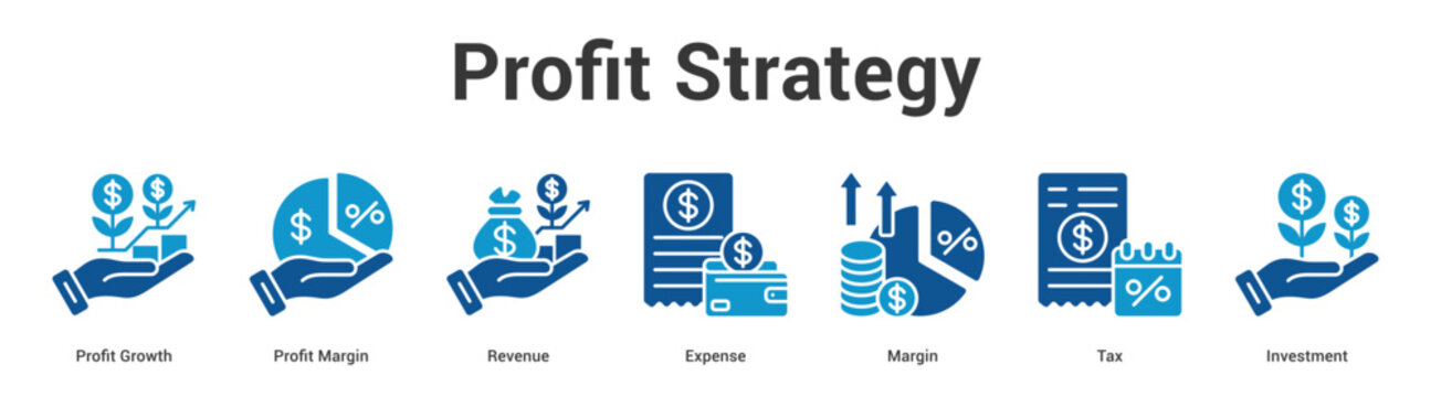 Profit Strategy web banner icon set vector illustration concept for business with icon of Profit Growth, Profit Margin, Revenue, Expense, Marg.