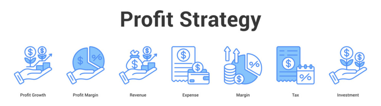 Profit Strategy web banner icon set vector illustration concept for business with icon of Profit Growth, Profit Margin, Revenue, Expense, Marg.