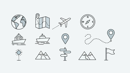 A collection of minimalist travel and navigation icons on a white background.