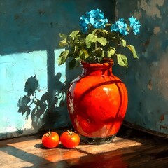 still life with tomato and flowers