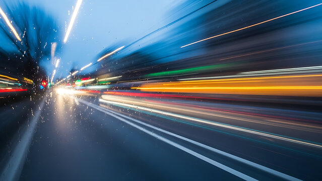 Highway at night with speeding cars and motion blur