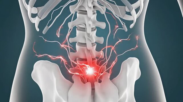 Detailed 3D medical illustration of severe lower back pain, highlighting sacral and lumbar spine nerve inflammation causing discomfort and sciatica symptoms