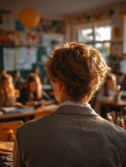 Fototapeta premium A student with curly hair is seated among other students and teachers in a classroom setting.
