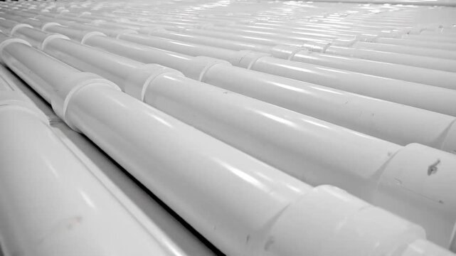 Rows of durable white PVC pipes awaiting assembly, showcasing the organized structure of modern industrial manufacturing and pipeline infrastructure