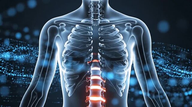 Advanced digital rendering of human spine and skeletal structure highlighting a painful lower back, representing medical diagnostics and health technology concept