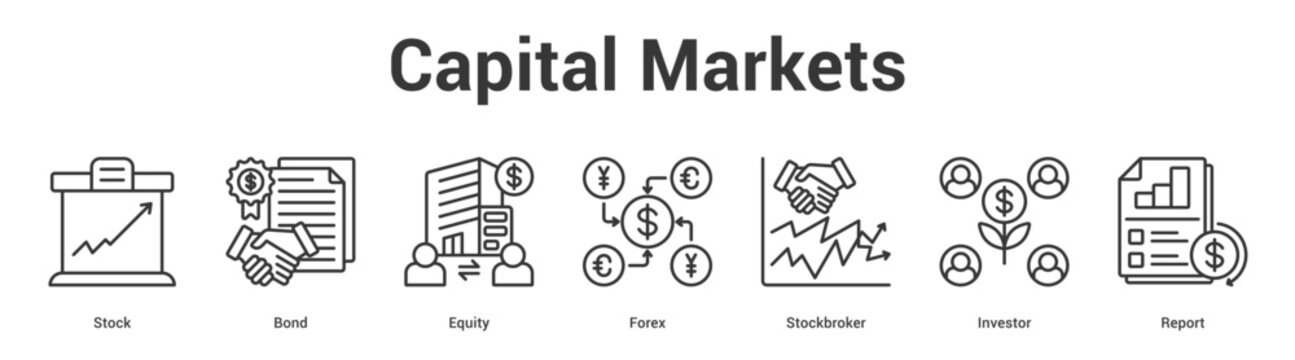 Capital Markets web banner icon set vector illustration concept for business with icon of Stock, Bond, Equity, Forex, Stockbrok.