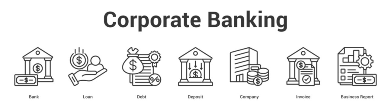 Corporate Banking web banner icon set vector illustration concept for business with icon of Bank, Loan, Debt, Deposit, Company, Invoi.
