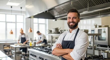 Fototapeta premium Confident Smiling Male Chef in a Professional Kitchen Ready to Cook Delicious Food