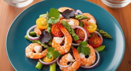 Delicious Shrimp Salad with Asparagus Tomatoes and Red Onion served on a Blue Plate