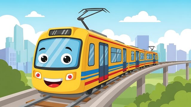 Smiling cartoon train on tracks city.
