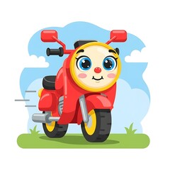 Smiling cartoon face on red scooter.