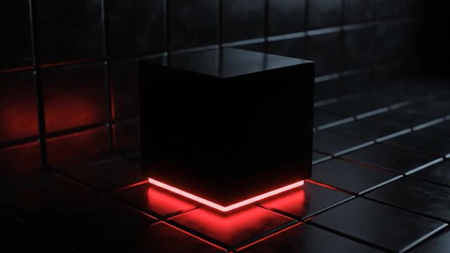 A glossy black cube with red light emitting from its base sits on a tiled surface