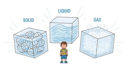 Young Boy Standing Between Solid Liquid and Gas Cubes in Educational Scene