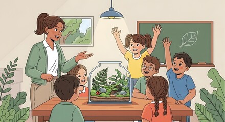 Curious children Observe Resting Terrarium in Classroom