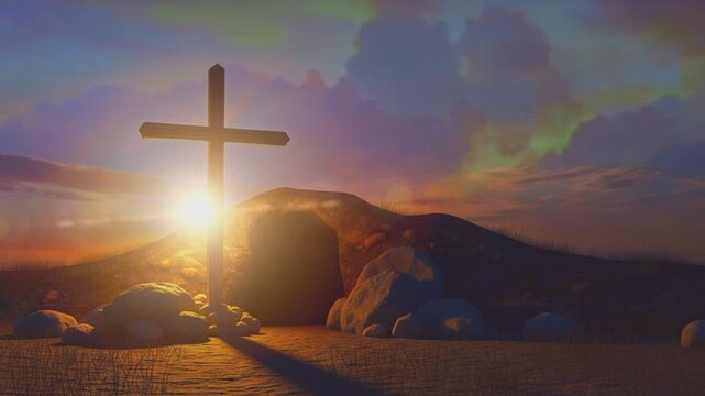 Easter Sunday Concept of Jesus Christ Resurrection with Empty Tomb and Wooden Cross