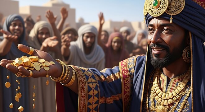 Realistic depiction of Mansa Musa distributing gold during pilgrimage