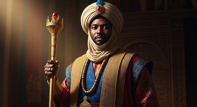 Realistic depiction of Mansa Musa holding a golden staff, dramatic lighting