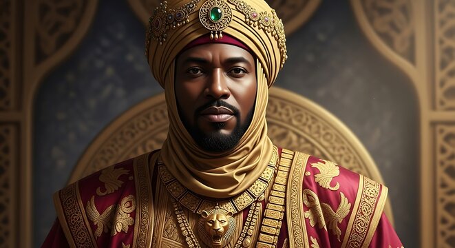 Realistic portrait of Mansa Musa with commanding presence, confident gaze