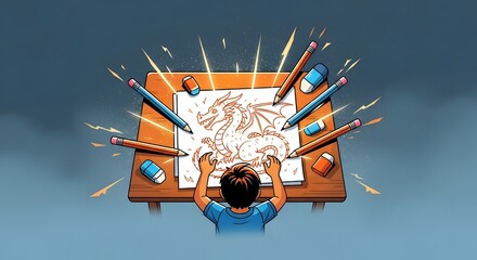Young Artist Drawing Dragon at Desk with Colored Pencils
