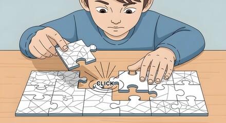 Young Boy Assembling Puzzle Pieces on Desk
