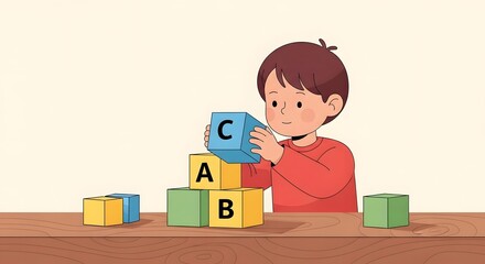 Young Boy Stacking Alphabet Blocks on Wooden Table