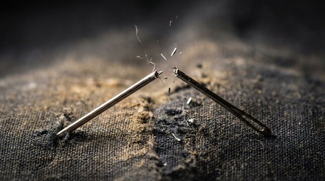 A close-up of a broken sewing needle with fragments scattering over dark, worn fabric