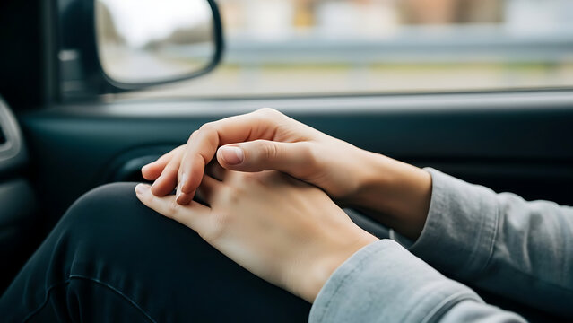 Womans hands clasped together on her lap while sitting in a car