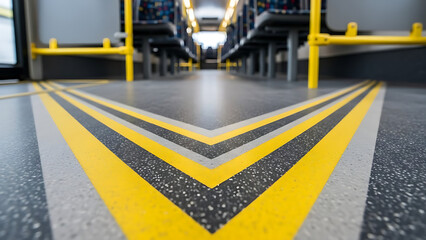 Naklejka premium Yellow and black chevron markings on industrial floor surface