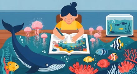 Young Girl Reading Colorful Ocean Book at Aquarium Desk