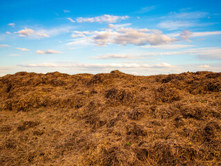 Hay stack sits on ground under clouds and blue sky