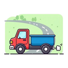 Cartoon red truck on green road.