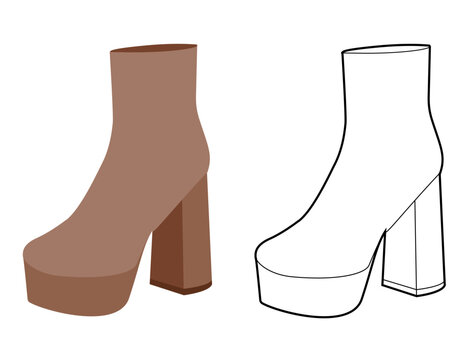 Brown chunky platform block ankle boot women flat plus line set. Oversized sole with stacked heel for winter. Technical fashion illustration CAD mockup vector men unisex isolated chic style.