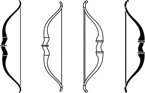 Vector set of traditional archery bows, black outline and filled silhouettes, isolated on white