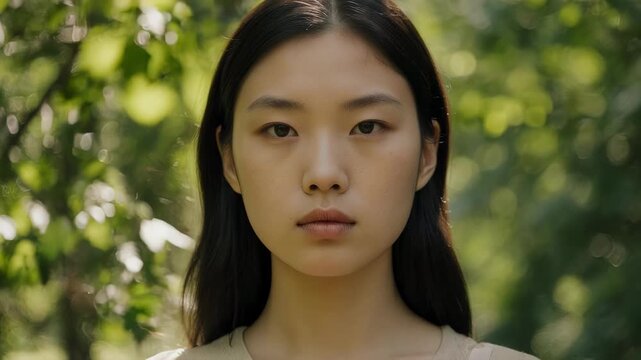 A portrait of a serene woman, her expression composed and contemplative, set against a backdrop of soft green foliage.