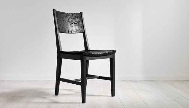 Minimalist Shou Sugi Ban Charred Wood Dining Chair with Deep Black Cracked Texture Isolated in White Room