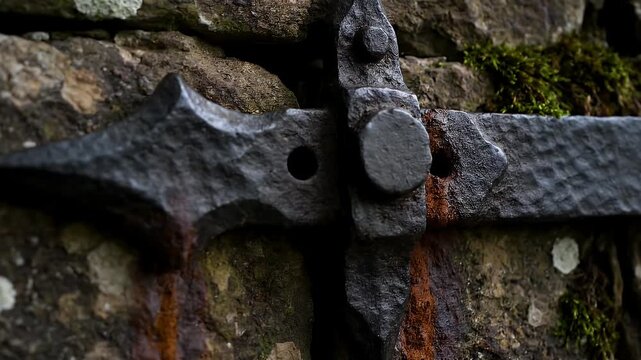 Ancient Forged Iron Door Hinge Strap on Mossy Stone Wall Texture