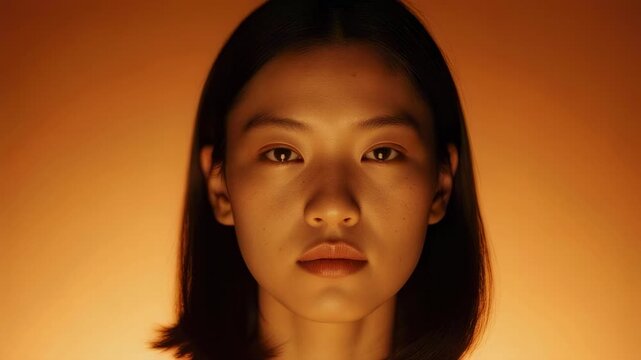 A portrait of a serene woman with direct gaze under warm lighting