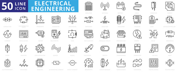 electrical engineering icon outline pack contains microcontroller, electromotive force, modulation, ohm, multimeter, oscilloscope, inductor, impedance, antenna, battery, cable, capacitor, amplifier