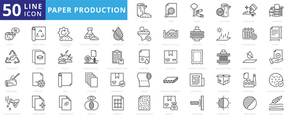 paper production icon outline pack contains corrugated board, newsprint, cardboard, paper mill, recovered fiber, cellulose, grain direction, bleaching, lignin, deinking, filler, pressing, headbox © Iconjam