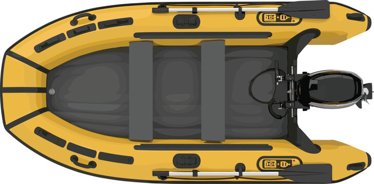 Top view of a yellow inflatable boat with black accents and outboard motor on a calm water surface