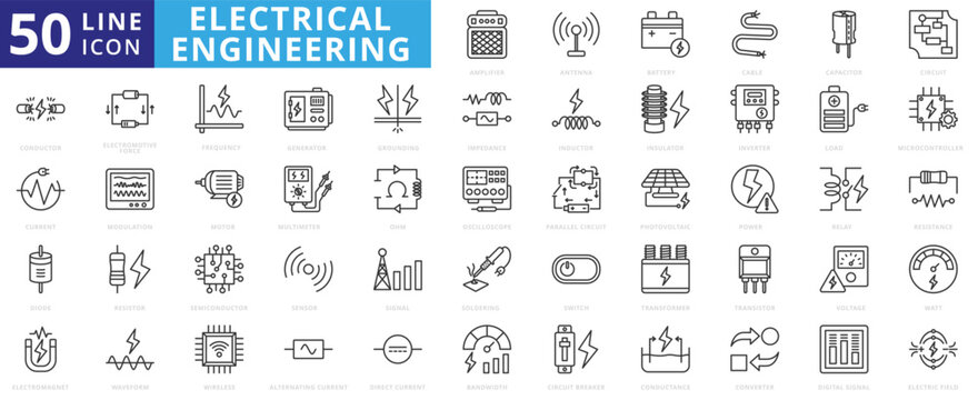 electrical engineering icon outline pack contains microcontroller, electromotive force, modulation, ohm, multimeter, oscilloscope, inductor, impedance, antenna, battery, cable, capacitor, amplifier