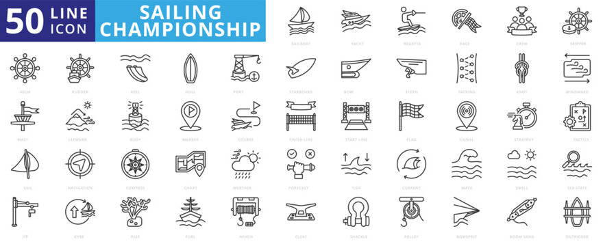 sailing championship icon outline pack contains boom vang, bow, regatta, bowsprit, sailboat, yacht, race, crew, skipper, helm, mast, sail, jib, rudder, furl, gybe
