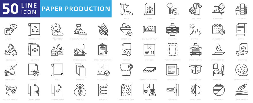 paper production icon outline pack contains corrugated board, newsprint, cardboard, paper mill, recovered fiber, cellulose, grain direction, bleaching, lignin, deinking, filler, pressing, headbox