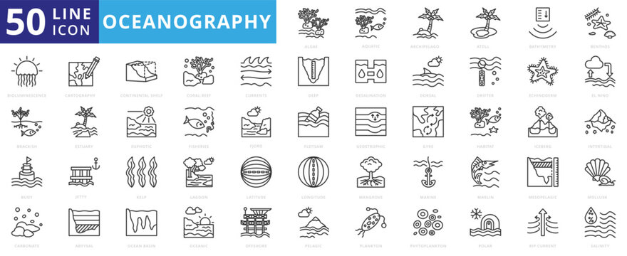 oceanography icon outline pack contains abyssal, mesopelagic, marlin, algae, mangrove, aquatic, cartography, flotsam, geostrophic, gyre, habitat, iceberg, intertidal, jetty, fishing, echinoderm