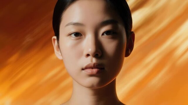 Portrait of an asian woman with a composed expression and direct gaze against a fiery background