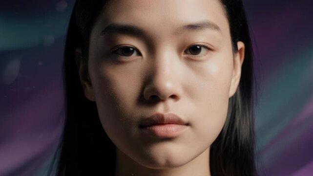 Portrait of an Asian female with a calm and neutral expression looking forward, showcasing her natural beauty with perfect skin and dark hair