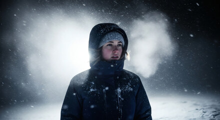 Young Woman in Winter Coat and Hood in Snowstorm